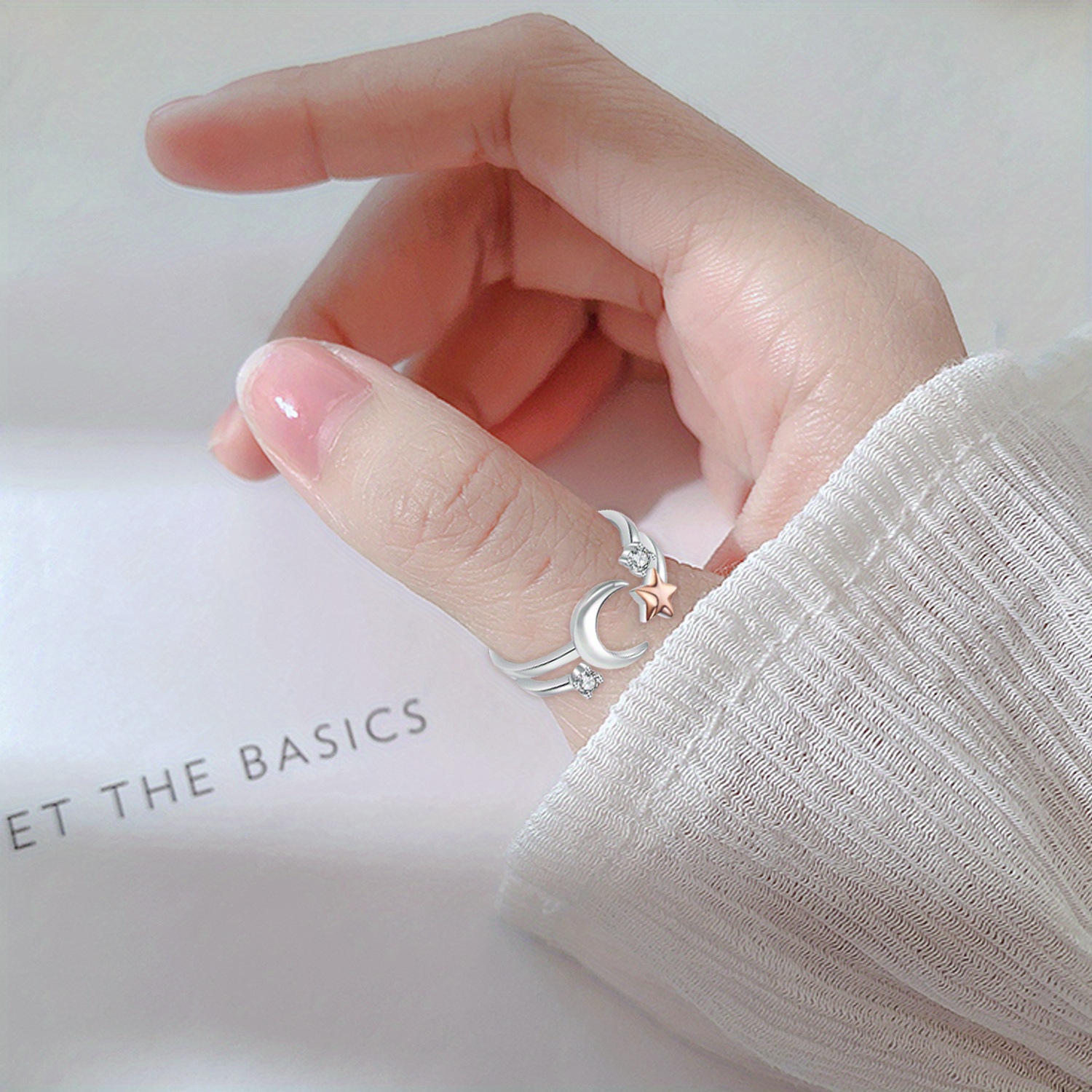 Moon Ring 925 Sterling Silver Crescent Moon Star Ring Adjustable Open Ring